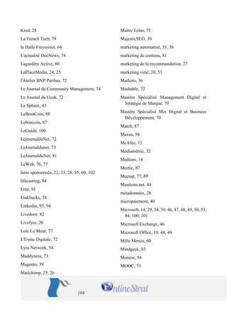 104 
Kred, 28 
La French Tech, 78 
la Halle Freyssinet, 64 
L'actualité DocNews, 74 
Lagardère Active, 80 
LaPlaceMedia, 24, 25 
l'Atelier BNP Paribas, 72 
Le Journal du Community Management, 74 
Le Journal du Geek, 72 
Le Sphinx, 43 
LeBoinCoin, 88 
Leboncoin, 87 
LeGuide, 100 
LejournalduNet, 72 
LeJournaldunet, 73 
LeJournalduNet, 81 
LeWeb, 76, 77 
liens sponsorisés, 22, 23, 28, 35, 60, 102 
lifecasting, 84 
Line, 91 
Linkbucks, 38 
Linkedin, 93, 94 
Livedoor, 82 
Livefyre, 20 
Loïc Le Meur, 77 
L'Usine Digitale, 72 
Lyra Network, 54 
Maddyness, 73 
Magento, 39 
Mailchimp, 25, 26 
Maitre Eolas, 75 
MajesticSEO, 30 
marketing automatisé, 35, 36 
marketing de contenu, 81 
marketing de la recommandation, 27 
marketing viral, 20, 53 
Marketo, 36 
Mashable, 72 
Mastère Spécialisé Management Digital et Stratégie de Marque, 70 
Mastère Spécialisé Mix Digital et Business Développement, 70 
Match, 87 
Maxus, 58 
McAfee, 12 
Médiamétrie, 32 
Medium, 14 
Meetic, 87 
Meetup, 77, 89 
Mentions.net, 44 
métadonnées, 28 
micropaiement, 40 
Microsoft, 14, 29, 34, 39, 46, 47, 48, 49, 50, 53, 84, 100, 101 
Microsoft Exchange, 46 
Microsoft Office, 10, 48, 49 
Mille Mercis, 60 
Mindgeek, 83 
Monext, 54 
MOOC, 71  
