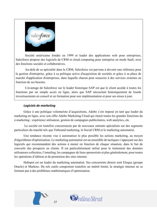 35 
Société américaine fondée en 1999 et leader des applications web pour entreprises, Salesforce propose des logiciels de CRM et cloud computing pour entreprise en mode SaaS, avec des fonctions sociales et collaboratives. 
Au-delà de sa spécialité dans le CRM, Salesforce est parvenu à devenir une référence pour la gestion d'entreprise, grâce à sa politique active d'acquisition de sociétés et grâce à sa place de marché d'application d'entreprises, dans laquelle chacun peut souscrire à des services externes en fonction de ses besoins. 
L'avantage de Salesforce sur le leader historique SAP est que le client accède à toutes les fonctions par un simple accès en ligne, alors que SAP nécessitait historiquement de lourds investissements en conseil et en formation pour son implémentation et pour ses mises à jour. 
Logiciels de marketing 
Grâce à une politique volontariste d’acquisitions, Adobe s’est imposé en tant que leader du marketing en ligne, avec son offre Adobe Marketing Cloud qui réunit toutes les grandes fonctions du e-marketing : expérience utilisateur, gestion de campagnes publicitaires, web analytics, etc. 
La société est toutefois concurrencée par de nouveaux entrants spécialisés sur des segments particuliers du marché tels que l'inbound marketing, le Social CRM et le marketing automatisé. 
Une tendance récente vise à automatiser le plus possible les actions marketing, au moyen d'algorithmes d'optimisation. Le marketing automatisé est un ensemble de tactiques s’appuyant sur des logiciels qui recommandent des actions à mener en fonction de chaque situation, dans le but de convertir des prospects en clients. Il est particulièrement utilisé pour le traitement des données utilisateurs collectées, l’emailing, les campagnes de liens sponsorisés et plus généralement, pour toutes les opérations d’édition et de promotion des sites internet. 
Hubspot est un leader du marketing automatisé. Ses concurrents directs sont Eloqua (groupe Oracle) et Marketo. De tels outils comportent toutefois un intérêt limité, la stratégie internet ne se limitant pas à des problèmes mathématiques d’optimisation.  
