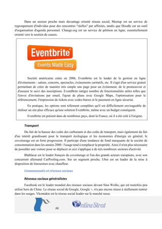 86 
Dans un secteur proche mais davantage orienté réseau social, Meetup est un service de regroupement d'individus pour des rencontres "réelles" par affinités, tandis que Doodle est un outil d'organisation d'agenda personnel. Change.org est un service de pétition en ligne, essentiellement orienté vers le soutien de causes. 
Société américaine créée en 2006, Eventbrite est le leader de la gestion en ligne d'événements : salons, concerts, spectacles, événements caritatifs, etc. Il s'agit d'un service gratuit permettant de créer de manière très simple une page pour un événement, de le promouvoir et d'assurer le suivi des inscriptions. EventBrite intègre nombre de fonctionnalités utiles telles que l'envoi d'invitations par email, l'ajout de plans avec Google Maps, l'optimisation pour le référencement, l'impression de tickets avec codes-barres et le paiement en ligne sécurisé. 
En pratique, les options sont tellement complètes qu'il est difficilement envisageable de réaliser un site plus efficace qu'une solution Eventbrite, même avec un budget conséquent. 
Eventbrite est présent dans de nombreux pays, dont la France, où il a été créé à l'origine. 
Transport 
Du fait de la hausse des coûts des carburants et des coûts de transport, mais également du fait d'un intérêt grandissant pour le transport écologique et les économies d'énergie en général, le covoiturage est en forte progression. Il participe d'une tendance de fond marquante de la société de consommation dans les années 2000 : l'usage tend à remplacer la propriété. Ainsi il n'est plus nécessaire de posséder une voiture pour se déplacer et ceci s'applique à de très nombreux secteurs d'activité. 
Blablacar est le leader français du covoiturage et l'un des grands acteurs européens, avec son concurrent allemand CarPooling.com. Sur un segment proche, Uber est un leader de la mise à disposition de limousines avec chauffeur. 
Communautés et réseaux sociaux 
Réseaux sociaux généralistes 
Facebook est le leader mondial des réseaux sociaux devant Sina Weibo, qui est toutefois peu utilisé hors de Chine. Le réseau social de Google, Google +, n'a pas encore réussi à réellement rentrer dans les usages. Vkontakte est le réseau social leader sur le marché russe.  