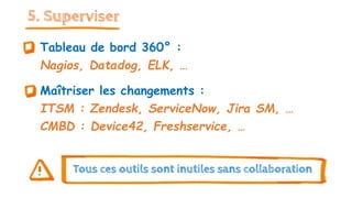 5. Superviser
Tableau de bord 360° :
Nagios, Datadog, ELK, …
Maîtriser les changements :
ITSM : Zendesk, ServiceNow, Jira SM, …
CMBD : Device42, Freshservice, …
Tous ces outils sont inutiles sans collaboration
 