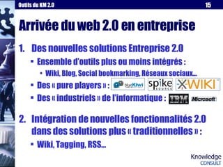 Arrivée du web 2.0 en entreprise Des nouvelles solutions Entreprise 2.0 Ensemble d’outils plus ou moins intégrés : Wiki, Blog, Social bookmarking, Réseaux sociaux… Des « pure players » :  Des « industriels » de l’informatique : Intégration de nouvelles fonctionnalités 2.0 dans des solutions plus « traditionnelles » : Wiki, Tagging, RSS… 