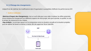 8.1.3 Pilotage des changements :
• Outils et méthodes :
L’objectif est de maîtriser les modifications dans l'organisation susceptibles d'affecter les performances SST.
-Matrices d’impact des changements: c’est un outil utile pour vous aider à évaluer les effets potentiels
d’une initiative de changement sur différents aspects de votre projet, tels que la portée, la qualité, le coût,
le temps, les ressources et les risques.
-Gap analysis : Le principe repose sur la comparaison entre la situation actuelle et la situation projetée,
puis de repérer les leviers et tâches à mener afin de supprimer l’écart identifié.
 