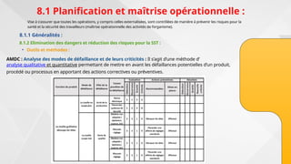 8.1 Planification et maîtrise opérationnelle :
Vise à s'assurer que toutes les opérations, y compris celles externalisées, sont contrôlées de manière à prévenir les risques pour la
santé et la sécurité des travailleurs (maîtrise opérationnelle des activités de l’organisme).
8.1.1 Généralités :
8.1.2 Elimination des dangers et réduction des risques pour la SST :
• Outils et méthodes :
AMDC : Analyse des modes de défaillance et de leurs criticités : Il s’agit d’une méthode d’
analyse qualitative et quantitative permettant de mettre en avant les défaillances potentielles d’un produit,
procédé ou processus en apportant des actions correctives ou préventives.
 