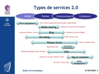 Le Web 2.0 c’est quoi ?

> Internet Social ?
      ■ Interaction (entre internautes et entre applications)
      ■ Feedback !
> Simple et « en ligne »
> Plus des services que des logiciels


 Interaction => identité => communauté



   Outils 2.0 en pratique                           01/09/2009- 3
 