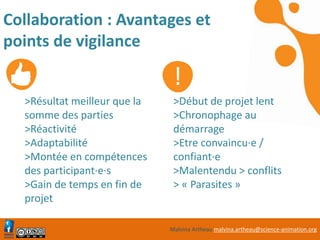 Malvina Artheau malvina.artheau@science-animation.org
Collaboration : Avantages et
points de vigilance
>Résultat meilleur que la
somme des parties
>Réactivité
>Adaptabilité
>Montée en compétences
des participant·e·s
>Gain de temps en fin de
projet
>Début de projet lent
>Chronophage au
démarrage
>Etre convaincu·e /
confiant·e
>Malentendu > conflits
> « Parasites »
!
 
