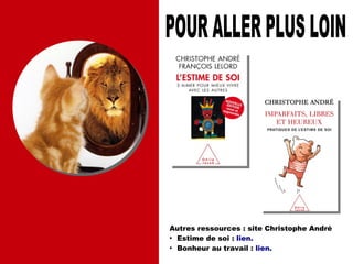 Autres ressources : site Christophe André
●
Estime de soi : lien.
●
Bonheur au travail : lien.
 