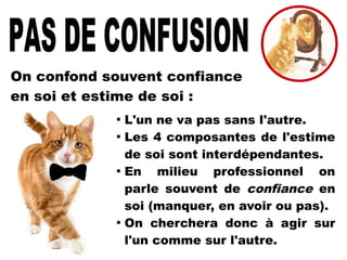 On confond souvent confiance
en soi et estime de soi :

L'un ne va pas sans l'autre.

Les 4 composantes de l'estime
de soi sont interdépendantes.

En milieu professionnel on
parle souvent de confiance en
soi (manquer, en avoir ou pas).

On cherchera donc à agir sur
l'un comme sur l'autre.
 