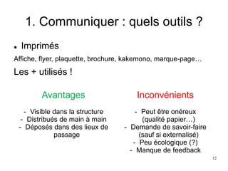 1. Communiquer : quels outils ?
 Imprimés
Affiche, flyer, plaquette, brochure, kakemono, marque-page…
Les + utilisés !
Avantages
- Visible dans la structure
- Distribués de main à main
- Déposés dans des lieux de
passage
Inconvénients
- Peut être onéreux
(qualité papier…)
- Demande de savoir-faire
(sauf si externalisé)
- Peu écologique (?)
- Manque de feedback
12
 