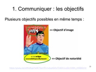 1. Communiquer : les objectifs
Plusieurs objectifs possibles en même temps :
https://youtu.be/s4KnKge7o0E?list=PLhvAuASAUTt3DVJ-uSlcY4M4_HXBtDnVr
21
 