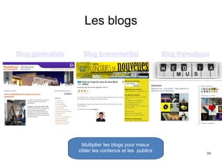 Les blogs
Blog généraliste Blog événementiel Blog thématique
Multiplier les blogs pour mieux
cibler les contenus et les publics
59
 