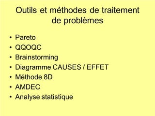 Outils et méthodes de traitement
de problèmes
• Pareto
• QQOQC
• Brainstorming
• Diagramme CAUSES / EFFET
• Méthode 8D
• AMDEC
• Analyse statistique
 
