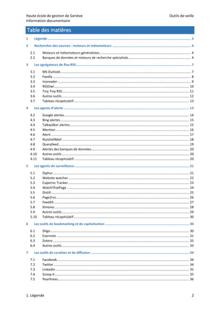 Haute école de gestion de Genève Outils de veille
Information documentaire
1. Légende 2
Table des matières
1 Légende ...................................................................................................................................................3
2 Rechercher des sources : moteurs et métamoteurs .................................................................................4
2.1 Moteurs et métamoteurs généralistes.................................................................................................. 4
2.2 Banques de données et moteurs de recherche spécialisés................................................................... 4
3 Les agrégateurs de flux RSS......................................................................................................................7
3.1 MS Outlook............................................................................................................................................ 7
3.2 Feedly .................................................................................................................................................... 8
3.3 Inoreader............................................................................................................................................... 9
3.4 RSSOwl................................................................................................................................................. 10
3.5 Tiny Tiny RSS........................................................................................................................................ 11
3.6 Autres outils......................................................................................................................................... 12
3.7 Tableau récapitulatif............................................................................................................................ 13
4 Les agents d’alerte................................................................................................................................. 13
4.2 Google alertes...................................................................................................................................... 14
4.3 Bing alertes.......................................................................................................................................... 15
4.4 Talkwalker alertes................................................................................................................................ 15
4.5 Mention ............................................................................................................................................... 16
4.6 Alerti .................................................................................................................................................... 17
4.7 NutshellMail ........................................................................................................................................ 18
4.8 Queryfeed............................................................................................................................................ 19
4.9 Alertes des banques de données......................................................................................................... 20
4.10 Autres outils......................................................................................................................................... 20
4.11 Tableau récapitulatif............................................................................................................................ 20
5 Les agents de surveillance...................................................................................................................... 21
5.1 Diphur.................................................................................................................................................. 21
5.2 Website watcher.................................................................................................................................. 22
5.3 Copernic Tracker.................................................................................................................................. 23
5.4 WatchThatPage ................................................................................................................................... 24
5.5 Distill.................................................................................................................................................... 25
5.6 Page2rss............................................................................................................................................... 26
5.7 Feed43 ................................................................................................................................................. 27
5.8 Kimono................................................................................................................................................. 28
5.9 Autres outils......................................................................................................................................... 29
5.10 Tableau récapitulatif............................................................................................................................ 30
6 Les outils de bookmarking et de capitalisation ...................................................................................... 30
6.1 Diigo..................................................................................................................................................... 30
6.2 Evernote .............................................................................................................................................. 31
6.3 Zotero .................................................................................................................................................. 32
6.4 Autres outils......................................................................................................................................... 33
7 Les outils de curation et de diffusion ..................................................................................................... 34
7.1 Facebook.............................................................................................................................................. 34
7.2 Twitter ................................................................................................................................................. 34
7.3 LinkedIn ............................................................................................................................................... 35
7.4 Scoop.it................................................................................................................................................ 35
7.5 Pearltrees............................................................................................................................................. 36
 