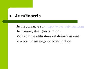 1 - Je m'inscris  Je me connecte sur  http://www.netvibes.com Je m’enregistre...(inscription) Mon compte utilisateur est désormais créé je reçois un message de confirmation 