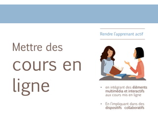 Mettre des cours en ligne
Rendre l’apprenant actif
• en intégrant des éléments
multimédia et interactifs
aux cours mis en ligne
• En l’impliquant dans des
dispositifs collaboratifs
Mettre des
cours en
ligne
Mettre des
cours en
ligne
 