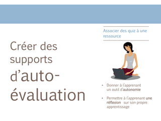 Mettre des cours en ligne
Associer des quiz à une
ressource
• Donner à l’apprenant
un outil d’autonomie
• Permettre à l’apprenant une
réflexion sur son propre
apprentissage
Mettre des
cours en
ligne
Créer des
supports
d’auto-
évaluation
 