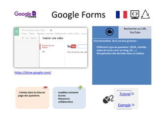Google Forms
Recherche ou URL
YouTube
Fonctionnalités de la version gratuite :
- Différents type de questions (QCM , échelle,
saisie de texte court ou long, etc…)
- Récupération des données dans un tableur
https://drive.google.com/
Exemple
Tutoriel- Limites dans la mise en
page des questions
- modèles existants
- Scores
- Ressource
collaborative
 
