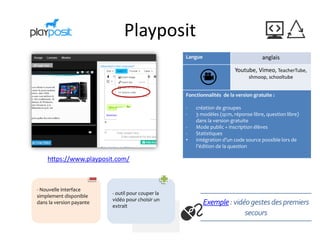 Playposit
Langue anglais
Youtube, Vimeo, TeacherTube,
shmoop, schooltube
Fonctionnalités de la version gratuite :
- création de groupes
- 3 modèles (qcm, réponse libre, question libre)
dans la version gratuite
- Mode public + inscription élèves
- Statistiques
• Intégration d’un code source possible lors de
l’édition de la question
https://www.playposit.com/
Exemple :vidéogestes despremiers
secours
- Nouvelle interface
simplement disponible
dans la version payante
- outil pour couper la
vidéo pour choisir un
extrait
 