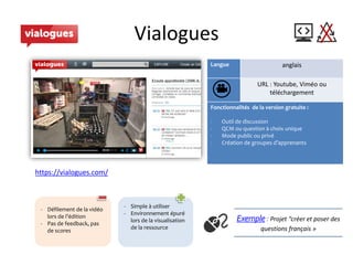 Vialogues
Langue anglais
URL : Youtube, Viméo ou
téléchargement
Fonctionnalités de la version gratuite :
- Outil de discussion
- QCM ou question à choix unique
- Mode public ou privé
- Création de groupes d’apprenants
https://vialogues.com/
Exemple :Projet “créer et poser des
questions français »
- Défilement de la vidéo
lors de l’édition
- Pas de feedback, pas
de scores
- Simple à utiliser
- Environnement épuré
lors de la visualisation
de la ressource
 