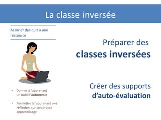 La classe inversée
Associer des quiz à une
ressource
• Donner à l’apprenant
un outil d’autonomie
• Permettre à l’apprenant une
réflexion sur son propre
apprentissage
Créer des supports
d’auto-évaluation
Préparer des
classes inversées
 