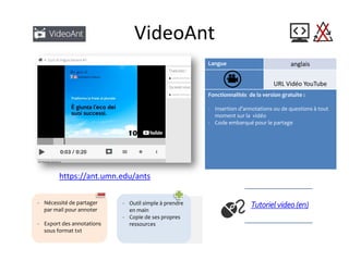 VideoAnt
Langue anglais
URL Vidéo YouTube
Fonctionnalités de la version gratuite :
- Insertion d’annotations ou de questions à tout
moment sur la vidéo
- Code embarqué pour le partage
Tutorielvideo(en)- Nécessité de partager
par mail pour annoter
- Export des annotations
sous format txt
- Outil simple à prendre
en main
- Copie de ses propres
ressources
https://ant.umn.edu/ants
 