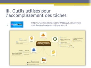 III. Outils utilisés pour
l’accomplissement des tâches
           http://www.mindmeister.com/278837226/rendez-vous-
•   S      avec-bruno-chareyron-conf-rencier-n-3
 