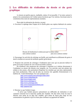 2. Les difficultés de réalisation du dessin et du geste
graphique
         Le dessin est parfois pauvre, malhabile, même s'il est possible. C’est alors surtout le
   projet et les commentaires de l’enfant autour du dessin que l’on valorise, favorisant ainsi la
   constitution d'un stock de représentations mentales.

       Pour aider la réalisation des dessins, on peut :
     Favoriser le repérage dans l'espace de la feuille grâce aux repères habituels de couleur.




                  Dessins de bonhomme le même jour par le même enfant
                  sans contour couleur                     puis avec contour couleur

     Encourager les activités de coloriage sur feuille, qui contribuent au déliement du geste et
   dont le résultat est souvent de meilleure qualité qu'un dessin.

      Proposer des activités de coloriage à l'ordinateur pour ceux qui ne peuvent réaliser le
   geste et/ou pour le plaisir de voir à l'écran de belles couleurs.
         De nombreux sites proposent des coloriages à imprimer ou à réaliser directement à
   l’ordinateur ou encore des dessins avec tampons, etc. Ces activités sont très prisées des
   enfants et des jeunes, elles permettent d'imprimer les résultats qui sont plus représentatifs
   que leurs productions. Elles sont de plus un exercice très agréable d'entrainement à la
   maîtrise de l’outil informatique. En voici quelques-uns :
               http://www.momes.net/coloriages/index.html
               http://www.clubenfants.be
               http://www.toupty.com/
               http://www.coloriage.tv/
               http://www.coloriage.info/
               http://www.lesjeuxpourenfants.com
               http://papunet.net/

      Dessiner ce que l'enfant évoque.
            Il arrive que l'enfant perçoive précisément ses difficultés de réalisation et soit
   vraiment conscient de la mauvaise qualité des résultats. On doit alors éviter de trop le
   féliciter sous peine de ne plus être crédible, qu'il doute de façon plus large de nos
   commentaires en général et qu'il ne fasse plus confiance au jugement de l'adulte.

                                                                                              14
 