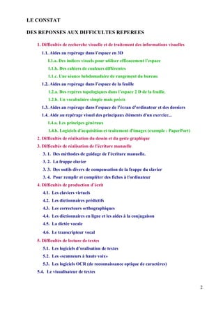 LE CONSTAT

DES REPONSES AUX DIFFICULTES REPEREES

   1. Difficultés de recherche visuelle et de traitement des informations visuelles
     1.1. Aides au repérage dans l’espace en 3D
         I.1.a. Des indices visuels pour utiliser efficacement l’espace
         1.1.b. Des cahiers de couleurs différentes
         1.1.c. Une séance hebdomadaire de rangement du bureau
     1.2. Aides au repérage dans l’espace de la feuille
         1.2.a. Des repères topologiques dans l’espace 2 D de la feuille.
         1.2.b. Un vocabulaire simple mais précis
     1.3. Aides au repérage dans l’espace de l’écran d’ordinateur et des dossiers
     1.4. Aide au repérage visuel des principaux éléments d'un exercice...
        1.4.a. Les principes généraux
         1.4.b. Logiciels d'acquisition et traitement d'images (exemple : PaperPort)
   2. Difficultés de réalisation du dessin et du geste graphique
   3. Difficultés de réalisation de l'écriture manuelle
      3. 1. Des méthodes de guidage de l’écriture manuelle.
      3. 2. La frappe clavier
      3. 3. Des outils divers de compensation de la frappe du clavier
      3. 4. Pour remplir et compléter des fiches à l'ordinateur
   4. Difficultés de production d’écrit
      4.1. Les claviers virtuels
      4.2. Les dictionnaires prédictifs
      4.3. Les correcteurs orthographiques
      4.4. Les dictionnaires en ligne et les aides à la conjugaison
      4.5. La dictée vocale
      4.6. Le transcripteur vocal
   5. Difficultés de lecture de textes
      5.1. Les logiciels d’oralisation de textes
      5.2. Les «scanneurs à haute voix»
      5.3. Les logiciels OCR (de reconnaissance optique de caractères)
   5.4. Le visualisateur de textes


                                                                                       2
 