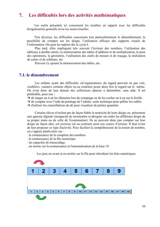 7.    Les difficultés lors des activités mathématiques
           Les outils présentés ici concernent les troubles en rapport avec les difficultés
     d'organisation gestuelle et/ou les neurovisuelles.

           Très diverses, les difficultés concernent tout particulièrement le dénombrement, la
     possibilité de compter sur les doigts, l’utilisation efficace des supports visuels de
     l’information. On peut les repérer dès le cycle I.
            Plus tard, elles impliquent très souvent l’écriture des nombres, l’utilisation des
     tableaux à double entrée, la mémorisation des tables d’addition et de multiplication, la pose
     des opérations, la géométrie, l’utilisation des outils de mesure et de traçage, la réalisation
     de cartes et de schémas, etc.
            Peuvent s'y ajouter la mémorisation des tables, etc.


7.1. le dénombrement
           Les enfants ayant des difficultés «d’organisation» du regard peuvent ne pas voir,
     «oublier», «sauter» certains objets ou au contraire poser deux fois le regard sur le même.
     On évite donc de leur donner des collections éparses à dénombrer, sans aide. Il est
     préférable, pour eux :
        de ranger un à un les éléments lors du comptage ou de les cocher un à un sur la feuille
        de compter avec l’aide du pointage de l’adulte, seule technique pour pallier les oublis.
        d'utiliser les constellations du dé pour visualiser de petites quantités

            Certains élèves n'isolent pas de façon fiable la motricité de leurs doigts ou présentent
     une agnosie digitale (incapacité de reconnaître et désigner sur ordre les différents doigts de
     sa propre main ou de celle de l'examinateur). Ils ne peuvent donc pas compter sur leur
     doigts de façon sûre, cet exercice est au contraire pour eux source d’erreurs. Il faut éviter
     de leur proposer ce type d'activité. Pour faciliter la compréhension de la notion de nombre,
     on s’appuie plutôt alors sur :
     . la connaissance de la comptine des nombres
     . la connaissance de la file numérique
     . les capacités de transcodage
     . on insiste sur la connaissance et l'automatisation de la base 10

            Les jeux en avant et en arrière sur la file pour introduire les faits numériques.




                                                                                                 39
 