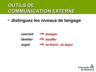 OUTILS DE  COMMUNICATION EXTERNE distinguez les niveaux de langage manger courant bouffer familier se farcir, se taper argot 
