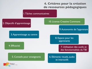4. Critères pour la création
de ressources pédagogiques
1. Tâches communicatives

2. Objectifs d’apprentissage

10. License Creative Commons
9. Autonomie de l’apprenant

3. Apprentissage au centre
8. Espace pour les
apprenants
4. Efficacité

5. Conseils pour enseignants

7. Utilisation des outils et
des fonctionnalités du TBI
6. Eléments visuels, audio
et interactifs

 
