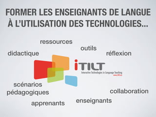 FORMER LES ENSEIGNANTS DE LANGUE
À L’UTILISATION DES TECHNOLOGIES...
ressources
didactique

scénarios
pédagogiques
apprenants

outils

réﬂexion

collaboration
enseignants

 