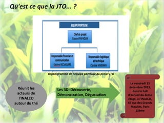 Qu'est ce que la JTO... ?




                 Organigramme de l'equipe porteuse du projet JTO

                                                                     Le vendredi 13
   Réunit les                                                       décembre 2013,
                       Les 3D: Découverte,                             dans le hall
  acteurs de           Démonstration, Dégustation                  d'accueil du 2ème
   l'INALCO                                                        étage, à l'INALCO,
 autour du thé                                                     65 rue des Grands
                                                                     Moulins, Paris
                                                                         13ème
 