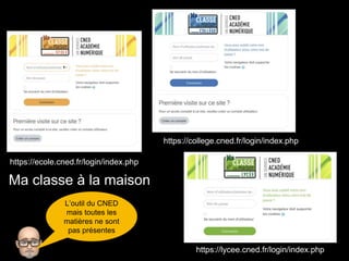 https://ecole.cned.fr/login/index.php
https://college.cned.fr/login/index.php
https://lycee.cned.fr/login/index.php
Ma classe à la maison
L’outil du CNED
mais toutes les
matières ne sont
pas présentes
 