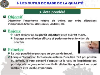 c
& QUALITE
MANAGEMEN
T
3. Vote pondéré
Objectif
Déterminer l’importance relative de critères par ordre décroissant
d’importance. Critères : idées; causes; solutions; etc.
Enjeux
Faire ressortir ce qui paraît important et ce qui l’est moins.
Engager une réflexion efficace et performante en fonction de
priorités.
Principe
Le vote pondéré se pratique en groupe de travail.
Lorsque l’évaluation factuelle des critères d’une liste n’est pas possible
ou difficile, le vote pondéré s’appuie sur le vécu et l’expérience des
participants au groupe de travail afin d’identifier quels sont ceux qui
semblent être les plus importants.
I- Les outils de base de la qualité
 
