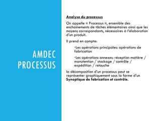 AMDEC
PROCESSUS
Analyse du processus
On appelle « Processus », ensemble des
enchainements de tâches élémentaires ainsi que les
moyens correspondants, nécessaires à l’élaboration
d’un produit.
Il prend en compte:
•Les opérations principales: opérations de
fabrication
•Les opérations annexes: réception matière /
manutention / stockage / contrôle /
expédition / retouche
la décomposition d’un processus peut se
représenter graphiquement sous la forme d’un
Synoptique de fabrication et contrôle.
 