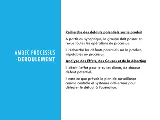 AMDEC PROCESSUS
-DEROULEMENT
Recherche des défauts potentiels sur le produit
A partir du synoptique, le groupe doit passer en
revue toutes les opérations du processus.
Il recherche les défauts potentiels sur le produit,
imputables au processus.
Analyse des Effets, des Causes et de la détection
Il décrit l’effet pour le ou les clients, de chaque
défaut potentiel.
Il note ce que prévoit le plan de surveillance
comme contrôle et systèmes anti-erreur pour
détecter le défaut à l’opération.
 