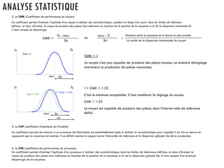 ANALYSE STATISTIQUE
2. Le CMK (Coefficient de performance du moyen)
Ce coefficient permet d’estimer l’aptitude d’un moyen à réaliser des caractéristiques, pendant un temps très court, dans les limites de tolérance
définies, et donc d’évaluer le risque de produire des pièces hors tolérance en fonction de la position de la moyenne m et de la dispersion intantanée Di.
Il tient compte du décentrage.
CMK =
Ts - méch
3σ 3σ
méch - Ti
ou
Ts
Ti
méch 3σ
CMK = 1
Le moyen n’est pas capable de produire des pièces bonnes. Le moindre déréglage
entrainera la production de pièces mauvaises.
Ti Ts
3σ
méch
Cmk =1
Cmk = 1.33
1< CMK < 1.33
C’est le minimum acceptable. Il faut améliorer le réglage du moyen.
CMK  1.33
Le moyen est capable de produire des pièces dans l’intertervalle de tolérance
défini.
4σ
1< Cmk < 1.33
Distance entre la moyenne et la borne la plus proche
La moitié de la dispersion instantanée du moyen
3. Le CAP (coefficient d’Aptitude du Procédé)
Ce coefficient permet de mesurer si un processus de fabrication est potentiellement apte à réaliser la caractéristique pour laquelle il est mis en œuvre en
supposant que la moyenne est centrée. Il se définit comme le rapport entre l’intervalle de tolérance et la dispersion globale Dp de la production.
4. Le CPK (coefficient de performance du processus)
Ce coefficient permet d’estimer l’aptitude d’un processus à réaliser des caractéristiques dans les limites de tolérances définies, et donc d’évaluer le
risque de produire des pièces hors tolérance en fonction de la position de la moyenne m et de la dispersion globale Dp. Il tient compte d’un éventuel
décentrage de la moyenne.
=
 