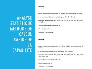 ANALYSE
STATISTIQUE
METHODE DE
CALCUL
RAPIDE DE
LA
CAPABILITE
Exemple 1:
Sur une machine de coupe câbles, on prélève un échantillon de 10 pièces.
La caractéristique à mesurer est la longueur 305 (0 + 5 mm)
Les valeurs relevées sont : 310, 310, 311, 310, 310, 312, 309, 310, 311,
310, 311.
Calculer l’étendue de l’échantillon W
Estimer la dispersion 6σ
Calculer le Cam simplifié.
Exemple 2:
Sur une machine de coupe tuyaux en PVC, on prélève un échantillon de 10
pièces.
La caractéristique à mesurer est la longueur 300 ± 5 mm.
Les valeurs relevées sont : 304, 305, 305, 302, 302, 302, 303, 304, 305,
302, 304, 303.
Calculer l’étendue de l’échantillon W
Estimer la dispersion 6σ
Calculer le Cam simplifié.
 