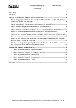  
Outils	
  d'accompagnement	
  des	
  
parcours	
  et	
  des	
  transitions	
  
professionnelles	
  
Démarche	
  Portfolio	
  
	
  
	
  
	
  
Classement et comparaison d’outils complémentaires en fonction des phases de la démarche portfolio Page : 1
	
  
Contenu  
Introduction	
  ...........................................................................................................................................	
  2	
  
Partie	
  1	
  :	
  Présentation	
  des	
  phases	
  de	
  la	
  démarche	
  portfolio	
  ................................................................	
  3	
  
Phase	
  1:	
  s'engager/la	
  contractualisation	
  (identification	
  des	
  motivations,	
  	
  analyse	
  de	
  la	
  demande,	
  
balance	
  coûts/intérêts	
  de	
  la	
  démarche)	
  .............................................................................................	
  4	
  
Phase	
  2:	
  se	
  connaître/la	
  biographisation	
  (réfléchir	
  au	
  sens	
  de	
  sa	
  vie	
  professionnelle)	
  ......................	
  5	
  
Phase	
  3:	
  se	
  reconnaître/l'expérienciation	
  (réfléchir	
  sur	
  son	
  expérience)	
  ...........................................	
  6	
  
Phase	
  4	
  :	
  s'orienter/l'orientation	
  tout	
  au	
  long	
  de	
  la	
  vie	
  (réfléchir	
  ses	
  choix	
  professionnels)	
  .............	
  7	
  
Phase	
  5	
  :	
  se	
  présenter/la	
  médiatisation	
  de	
  soi	
  (réfléchir	
  son	
  marketing	
  personnel)	
  .........................	
  8	
  
Phase	
  6	
  :	
  se	
  faire	
  connaître/l'auto	
  socialisation	
  (réseauter	
  -­‐	
  activité	
  qui	
  consiste	
  à	
  fabriquer	
  du	
  lien	
  
social)	
  .................................................................................................................................................	
  9	
  
Phase	
  7	
  :	
  se	
  faire	
  reconnaitre/la	
  contribution	
  (constituer	
  des	
  états	
  de	
  valeur	
  ajoutée	
  -­‐	
  diplômes,	
  
certificats,	
  badges,	
  articles	
  	
  -­‐	
  et	
  les	
  partager)	
  ..................................................................................	
  10	
  
Phase	
  8	
  :	
  se	
  développer/la	
  navigation	
  professionnelle	
  tout	
  au	
  long	
  de	
  la	
  vie	
  (piloter,	
  évaluer	
  son	
  
plan	
  d'actions	
  concernant	
  le	
  développement	
  professionnel)	
  ...........................................................	
  11	
  
Partie	
  2	
  :	
  Liste	
  des	
  outils	
  complémentaires	
  ........................................................................................	
  12	
  
2.1	
  Tableau	
  récapitulatif	
  des	
  outils	
  de	
  type	
  «	
  entretiens	
  »	
  ..............................................................	
  12	
  
2.2	
  Tableau	
  récapitulatif	
  des	
  outils	
  de	
  «	
  diagnostic	
  et	
  conseil	
  »	
  ......................................................	
  13	
  
2.3	
  Tableau	
  récapitulatif	
  des	
  outils	
  de	
  type	
  «	
  Tests	
  »	
  ......................................................................	
  15	
  
2.4	
  Tableau	
  récapitulatif	
  des	
  outils	
  de	
  type	
  «	
  visuels	
  »	
  ....................................................................	
  18	
  
2.5	
  Tableau	
  récapitulatif	
  des	
  outils	
  «	
  divers	
  »	
  ..................................................................................	
  20	
  
Conclusion	
  ............................................................................................................................................	
  24	
  
 