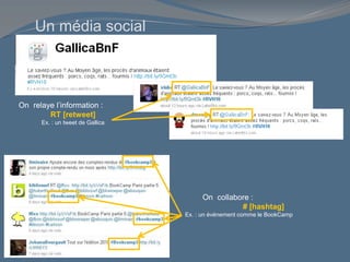 Un média social
On relaye l’information :
RT [retweet]
Ex. : un tweet de Gallica
On collabore :
# [hashtag]
Ex. : un événement comme le BookCamp
 