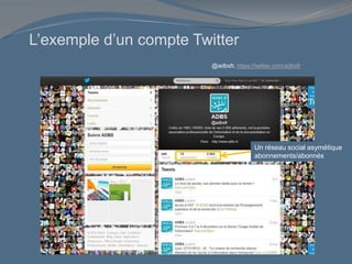 L’exemple d’un compte Twitter
Un réseau social asymétique
abonnements/abonnés
@adbsfr, https://twitter.com/adbsfr
 