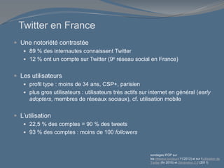 Twitter en France
 Une notoriété contrastée
 89 % des internautes connaissent Twitter
 12 % ont un compte sur Twitter (9e réseau social en France)
 Les utilisateurs
 profil type : moins de 34 ans, CSP+, parisien
 plus gros utilisateurs : utilisateurs très actifs sur internet en général (early
adopters, membres de réseaux sociaux), cf. utilisation mobile
 L’utilisation
 22,5 % des comptes = 90 % des tweets
 93 % des comptes : moins de 100 followers
sondages IFOP sur
les réseaux sociaux (11/2012) et sur l’utilisation de
Twitter (fin 2010) et Génération 2.0 (2011)
 