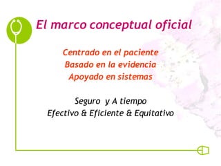 El marco conceptual oficial Centrado en el paciente Basado en la evidencia Apoyado en sistemas Seguro  y A tiempo Efectivo & Eficiente & Equitativo 