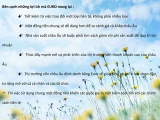 June 3, 2014 10
Bên cạnh những lợi ích mà EURO mang lại :
 Tiết kiệm từ việc trao đổi một loại tiền tệ, không phải nhiều loại
 Một đồng tiền chung sẽ dễ dàng hơn để so sánh giá cả khắp châu Âu
 Nhà sản xuất châu Âu sẽ buộc phải tìm cách giảm chi phí sản xuất để duy trì lợi
nhuận
 Thúc đẩy mạnh mẽ sự phát triển của thị trường vốn thanh khoản cao của châu
Âu
 Thị trường vốn châu Âu định danh bằng Euro sẽ giúp tăng phạm vi lựa chọn đầu
tư rộng mở với cả cá nhân và các tổ chức
 Thì việc sử dụng chung một đồng tiền khiến các quốc gia bị mất kiểm soát đối với các chính
sách tiền tệ
 