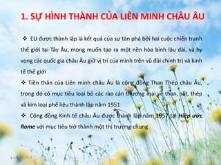 June 3, 2014 3
1. SỰ HÌNH THÀNH CỦA LIÊN MINH CHÂU ÂU
 EU được thành lập là kết quả của sự tàn phá bởi hai cuộc chiến tranh
thế giới tại Tây Âu, mong muốn tạo ra một nền hòa bình lâu dài, và hy
vọng các quốc gia châu Âu giữ vị trí của mình trên vũ đài chính trị và kinh
tế thế giới
 Tiền thân của Liên minh châu Âu là cộng đồng Than Thép châu Âu,
trong đó có mục tiêu loại bỏ các rào cản thương mại về than, sắt, thép
và kim loại phế liệu thành lập năm 1951
 Cộng đồng Kinh tế châu Âu được thành lập năm 1957 tại Hiệp ước
Rome với mục tiêu trở thành một thị trường chung
 