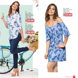 AHORA
$69.990
AHORA
$55.990
AHORA
$69.990
Ref. 151951
Blusa en chiffón
crepé estampada
Color: Único
Tallas: S-M
ANTES: $89.990
Ref. 121926
Vestido en viscosa
Color: Único
Tallas: S-M
ANTES: 79.990
Ref. 181942
Jean ultra skinny
en denim stretch
Color: Indigo
Tallas: 8-10-12
ANTES: $89.990
ebba.com.co 201
 