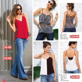 AHORA
$45.990
AHORA
$29.990
AHORA
$44.990
AHORA
$69.990
REF. 151819
Blusa en rayón
Color: rojo
Tallas: S-M
ANTES $69.990
REF. 151804
Blusa en print
Color: único
Tallas: XS-S-M-L
ANTES $49.990
REF. 151636
Blusa en
chifón crepé
Color: único
Tallas: L
ANTES $64.990
REF. 181811
Jean en denim stretch -
Bota campana
Color: único
Tallas: 6-12-14
ANTES $99.990
Catálogo DIGITAL210
 