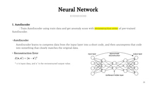 21
Neural Network
1. AutoEncoder
: Train AutoEncoder using train data and get anomaly score with reconstruction error of pre-trained
AutoEncoder.
-AutoEncoder
AutoEncoder learns to compress data from the input layer into a short code, and then uncompress that code
into something that closely matches the original data.
- Reconstruction Error
* x is input data, and x’ is the reconstructed output value.
 
