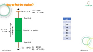 Age
4
23
24
24
26
26
60
Copyright © Cognitior www.cognitior.com
Howtofindtheoutliers?
Quartile 1
Quartile 2 or Median
Quartile 3
InterQuartileRange
IQRQ3–Q1
Q1 – 1.5IQR
Q3 + 1.5IQR
Q3 – Q1
26 – 23 = 3
Q1 – 1.5IQR
23 – 1.5*3 = 18.5
Q3 + 1.5IQR
26 + 1.5*3 = 30.5
 
