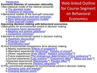IntroductionEconomic theories of consumer rationalityNeo-classical model of the rational consumerThe standard modelViolations of rationalityBehavioral models of the dual-self consumerIntroduction to the dual-self consumer1More behavioral economics models1Other dual-self models1Improving decision making with behavioral economicsMotivations for environmental control in decision makingExcessive future discounting2Negative and positive addictions2Competitive outcomes3Barriers to environmental control in decision makingHyperbolic discounting4Projection bias4Diversification bias5How environmental comparisons drive decision makingNearby experiences [Effects of availability6]Alternative experiences [Anchoring7; Paradox of choice8]Others’ experiences [Peer effects9; Relative consumption16]Future experiences [The endogenous determination of time preference10]Current experience [Loss aversion13; Endowment effect13; Status quo bias12]Expected experiences [Stereotypes14; Placebo effect15]Previous experiences [Hedonic adaptation16]Pre-commitment strategies for environmental control in decision makingChanging costs and rewards17Changing decision points18Web-linked Outline for Course Segment on Behavioral Economics 